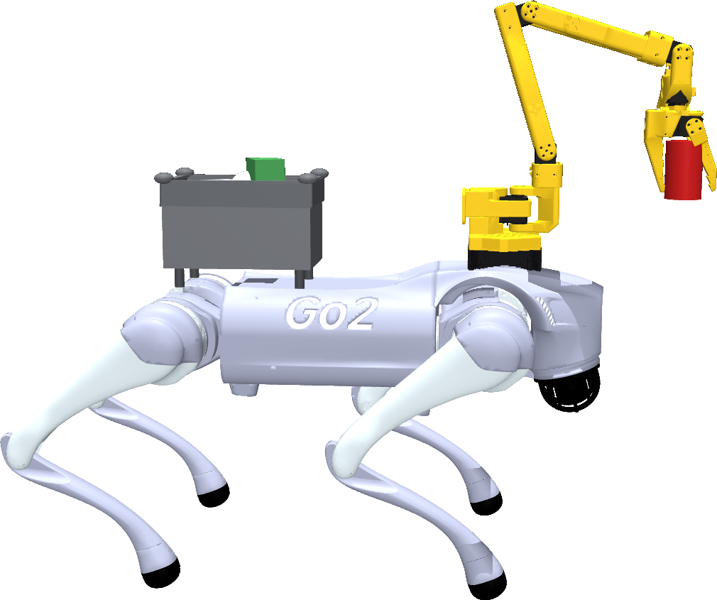 Side view of the Go2 robot dog with a yellow SO-101 arm holding a red can and a grey bin on its back