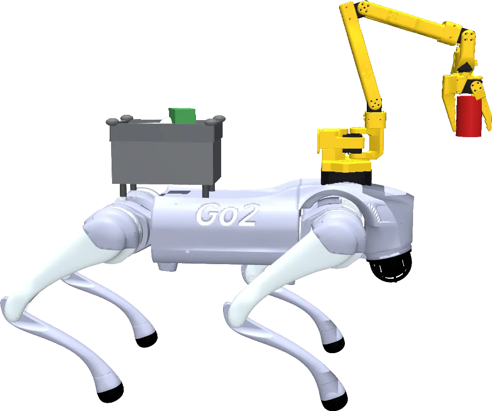 Side view of the Go2 robot dog with a yellow SO-101 arm holding a red can and a grey bin on its back